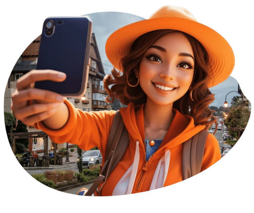 Alice, avatar da Turistalk, segurando um celular enquanto sorri